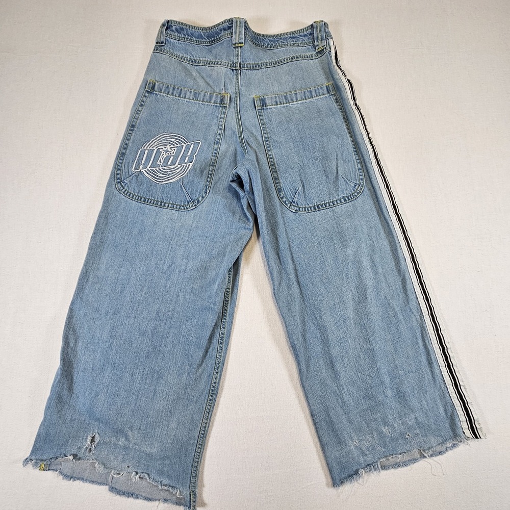 ALab Baggy Jeans Unisex 34 27 Blue Denim Wide Leg Side Stripe Rave VTG Y2K RARE